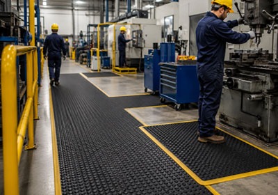 Industrial rubber matting installed around machinery in a factory
