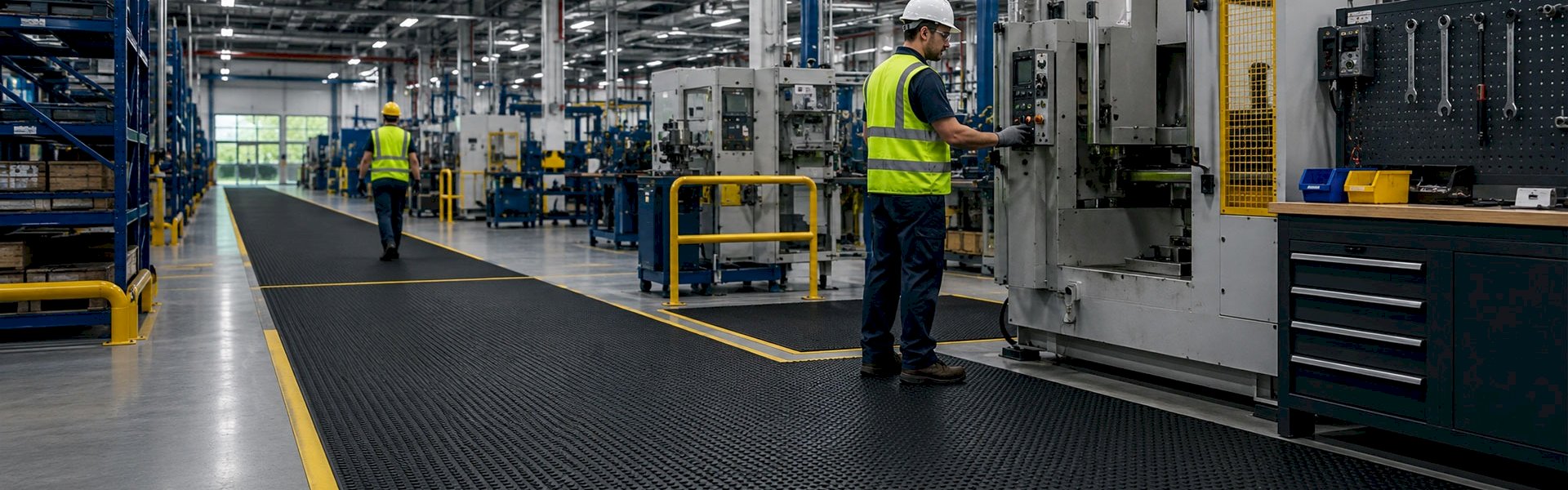 Heavy-duty industrial matting improving safety in a busy warehouse workspace